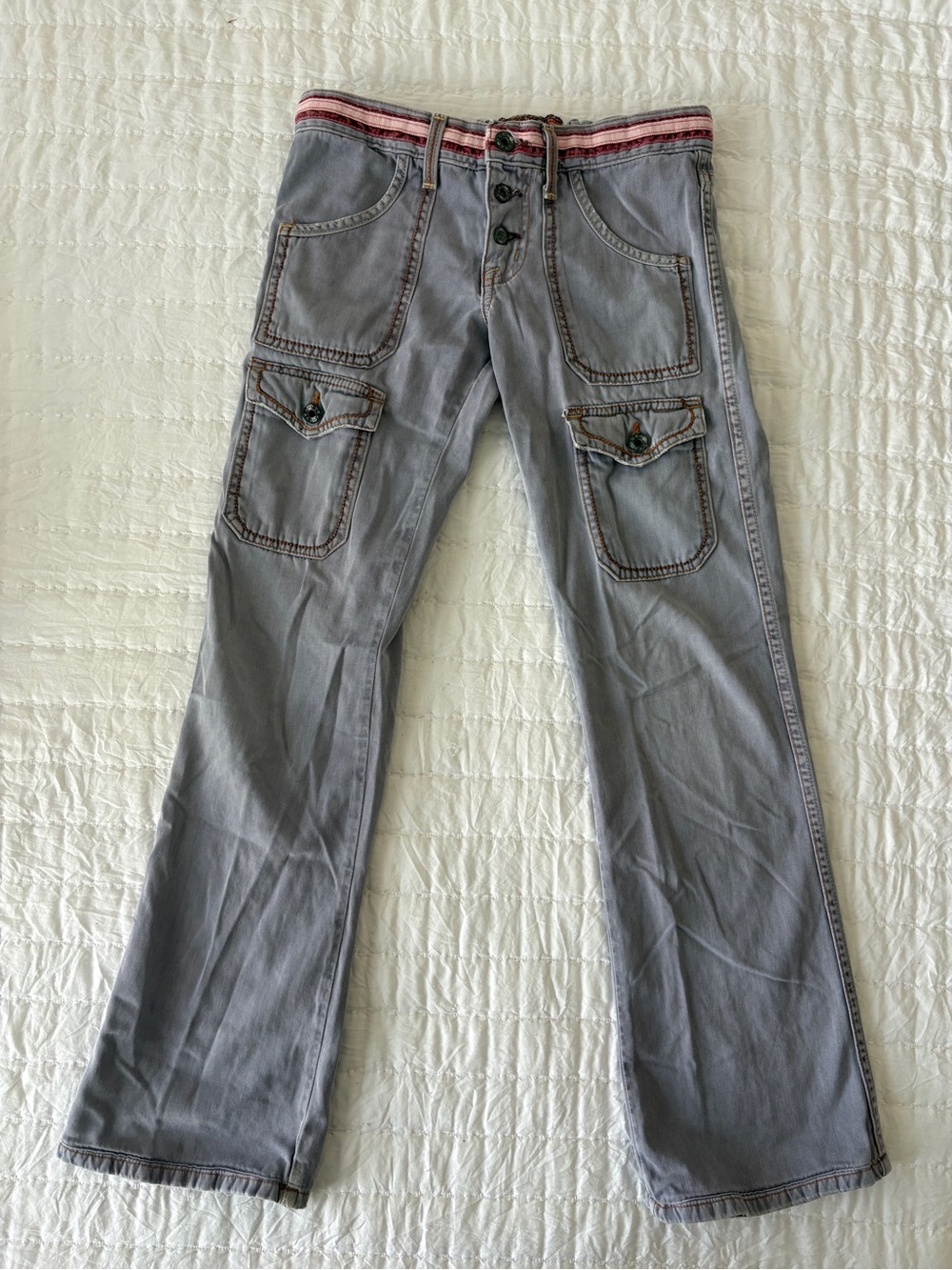 Puka Gray/lavender Wide-Leg Cargo Jeans with Striped Waistband